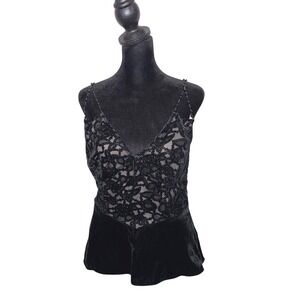 Y2K Whimsigoth Burnout Velvet Cami Top Beaded Lace Fair Grunge Size M Black